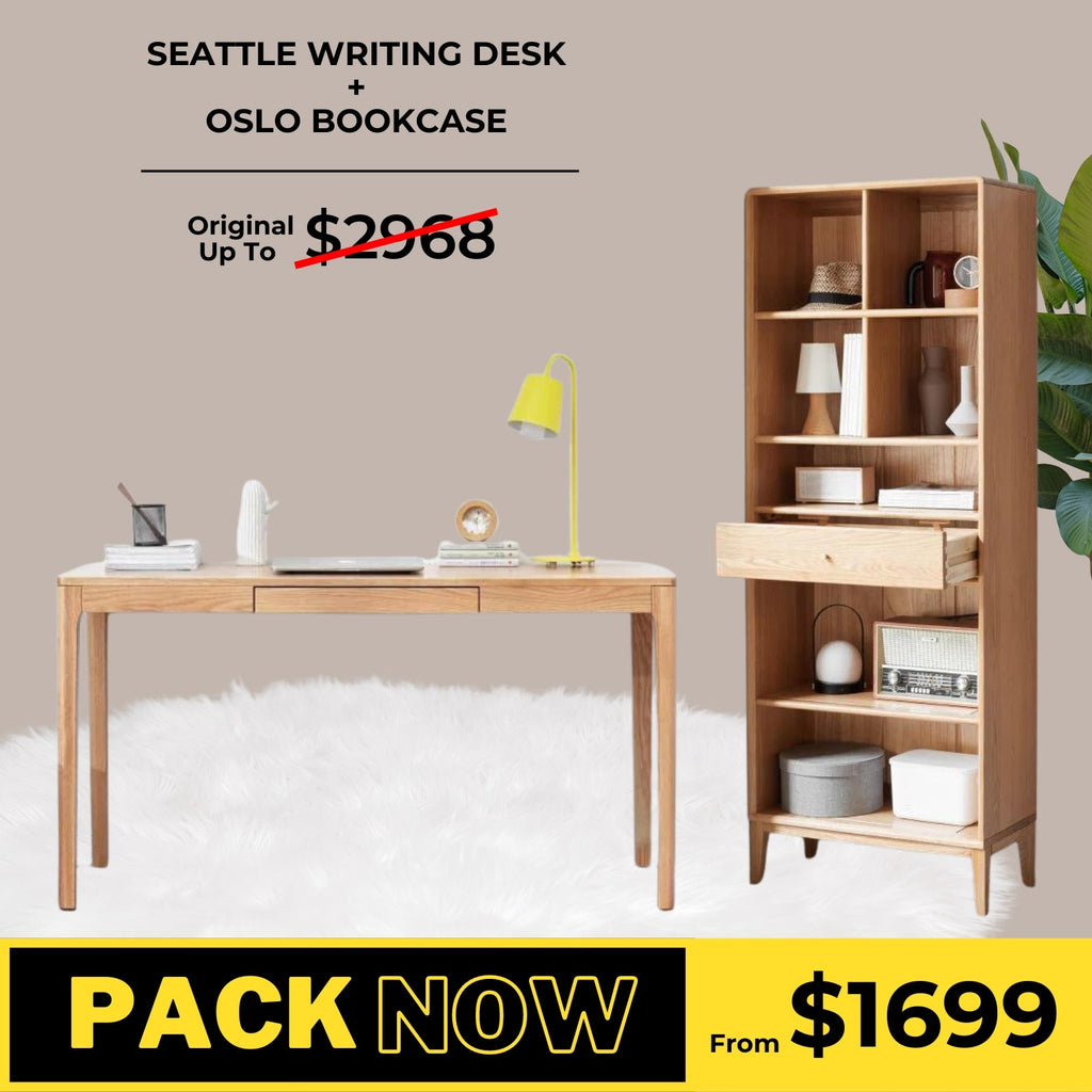 Seattle Solid Oak Writing Desk and Oslo Bookcase Package - Oak Furniture Store