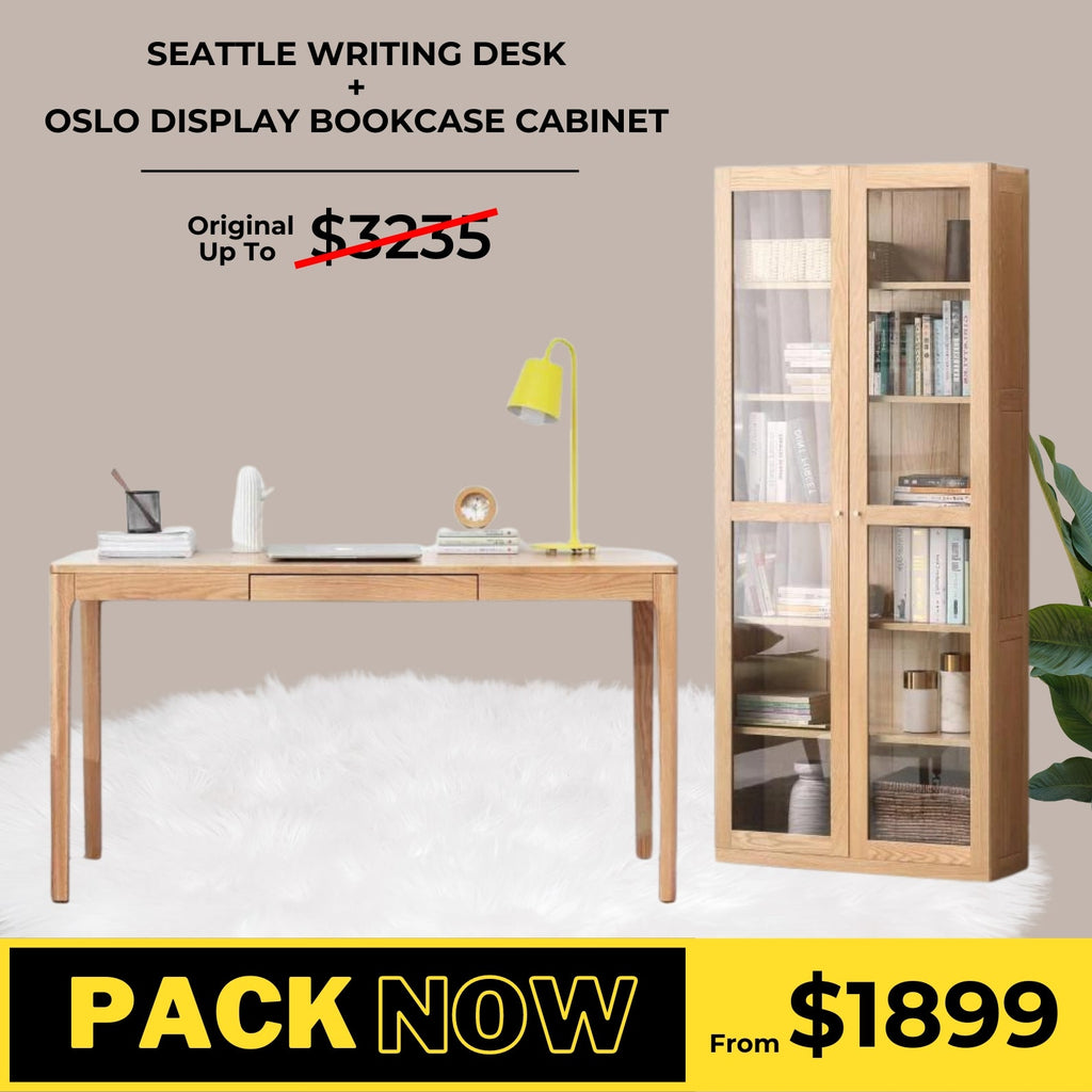 Seattle Solid Oak Writing Desk and Oslo Display Cabinet Package - Oak Furniture Store