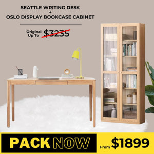 Seattle Solid Oak Writing Desk and Oslo Display Cabinet Package - Oak Furniture Store