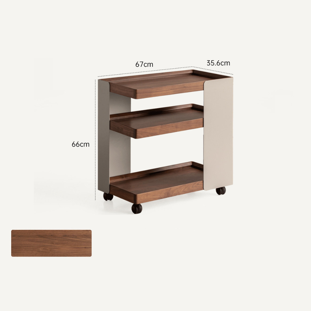 Toledo natural solid walnut movable side table dimension guide with 67 cm width, 35.6 cm depth and 66 cm height