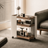 Toledo natural solid walnut movable side table with cream side panels, three shelves and caster wheels