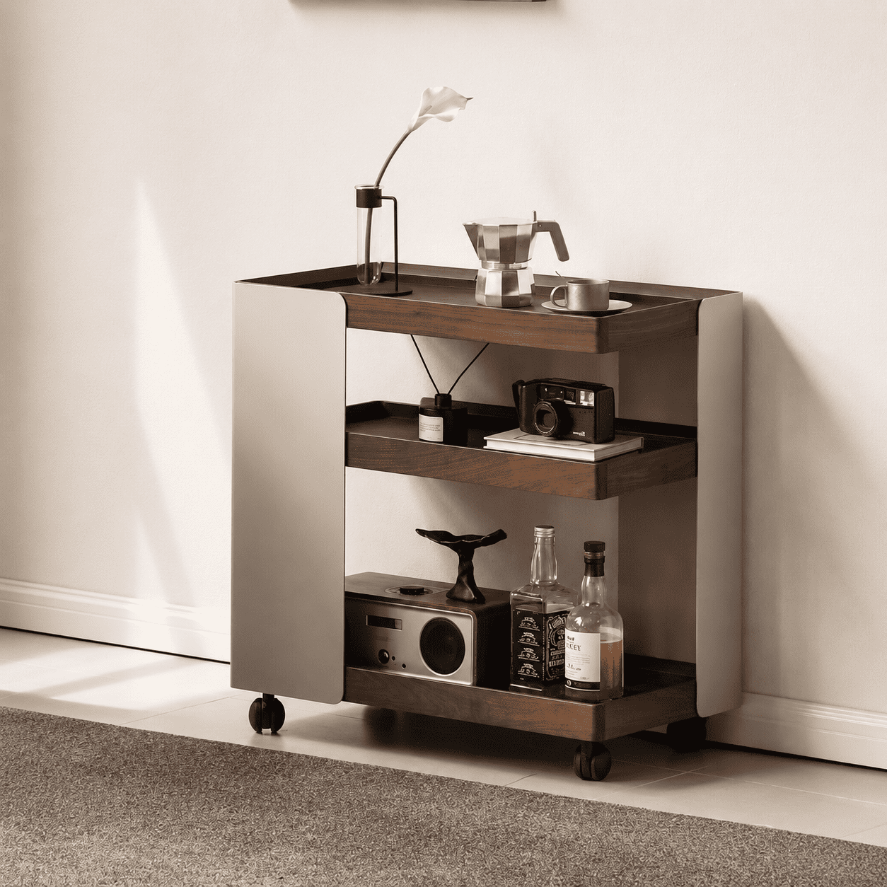 Toledo solid walnut rolling side table with three open shelves and rounded cream side panels