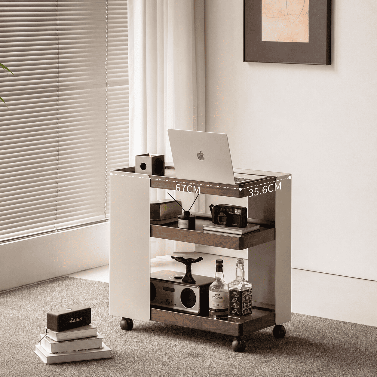 Toledo walnut rolling side table showing 67 cm width and 35.6 cm depth
