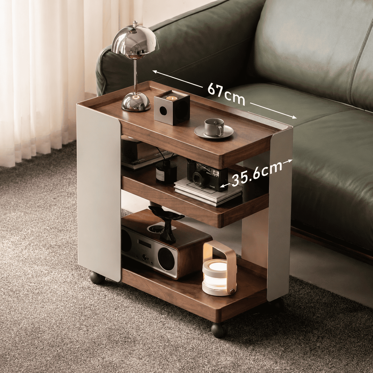 Toledo natural walnut side table with three-tier storage and compact rolling design