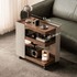 Toledo natural walnut side table with three-tier storage and compact rolling design