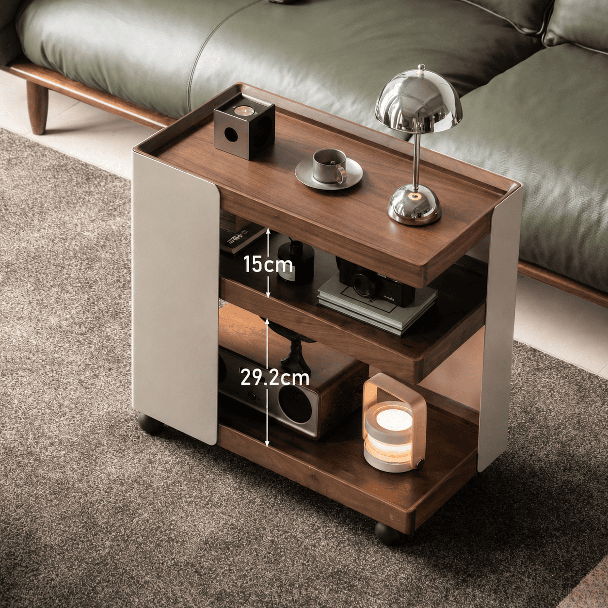 Overhead view of Toledo movable side table with 15 cm and 29.2 cm shelf spacing