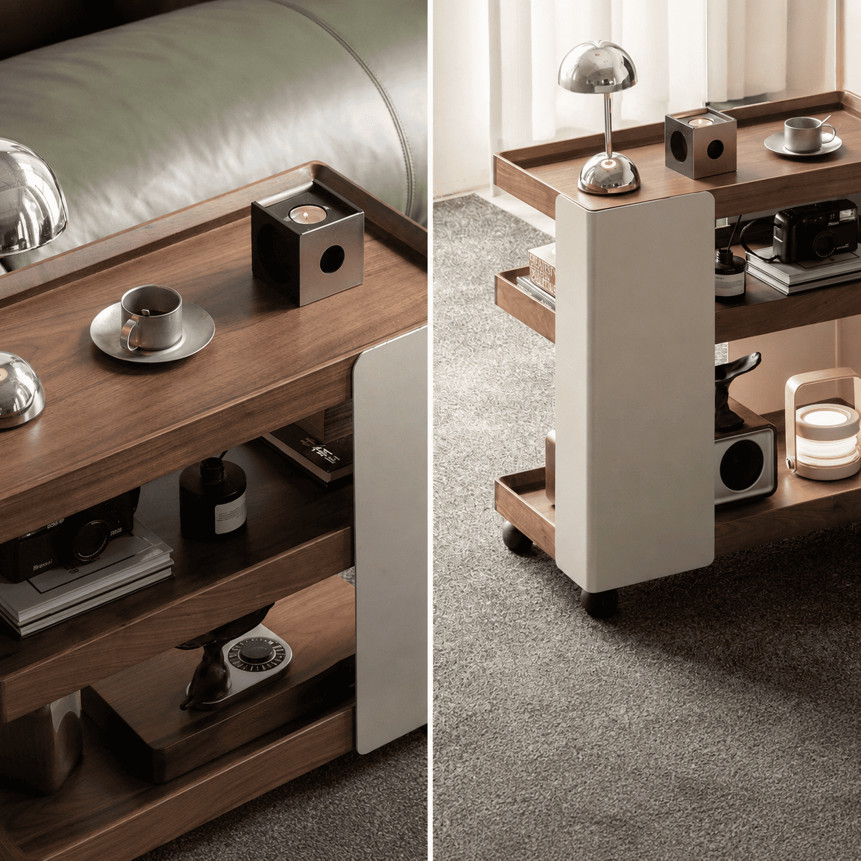 Detail view of Toledo walnut movable side table with tray top and rounded cream side panel