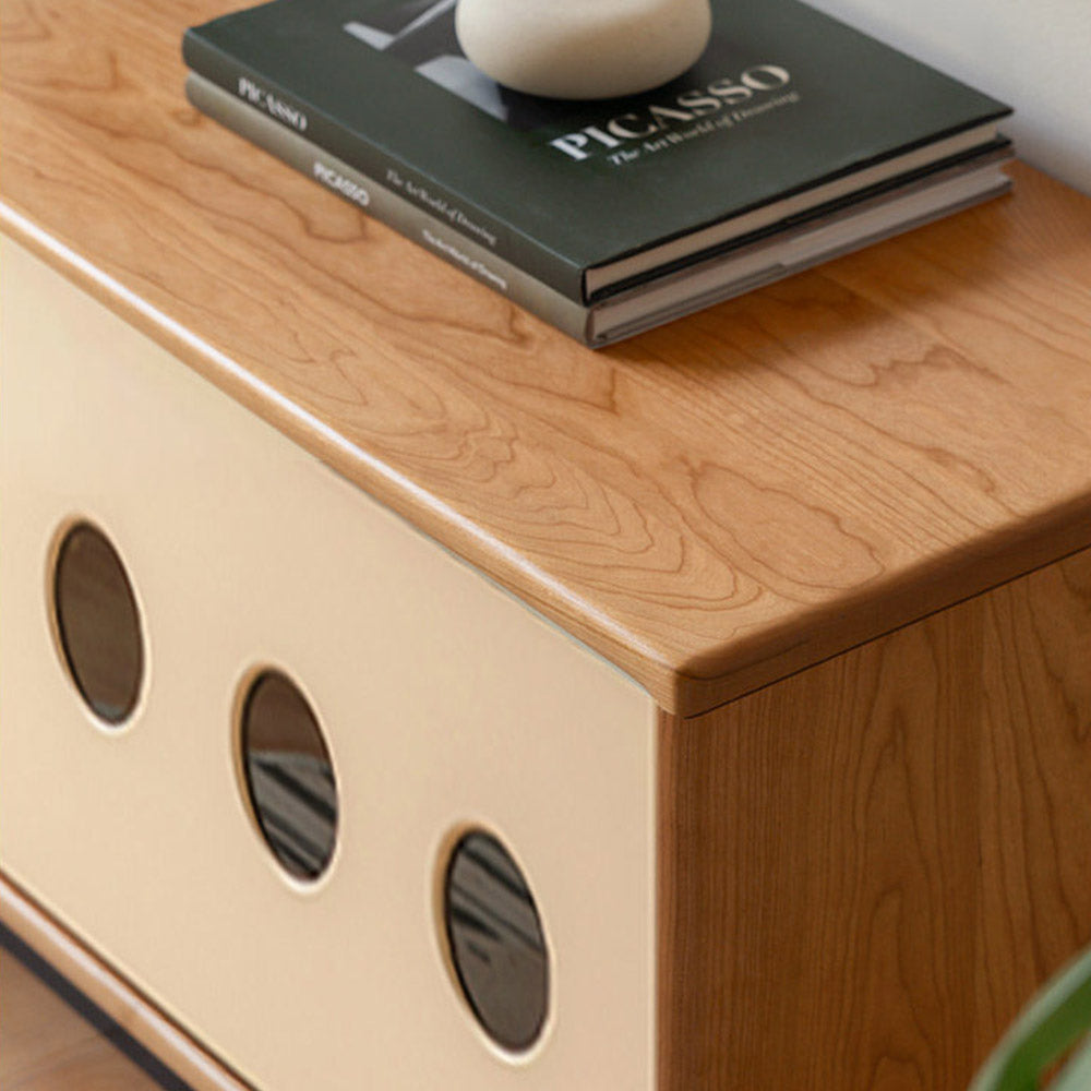 Tonnac solid cherry entertainment unit with drawers, glass shelving and modern retro design in a Kiwi living room