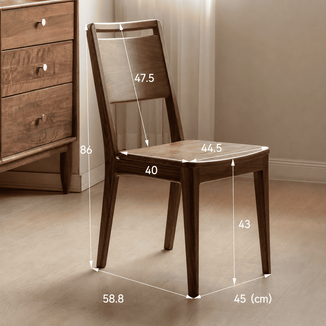 Solid walnut timber dining chair with warm brown finish and elegant wood grain texture