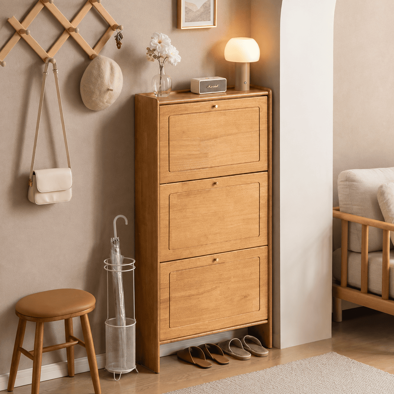 Tulsa Natural Solid Rubber Wood Shoe Cabinet