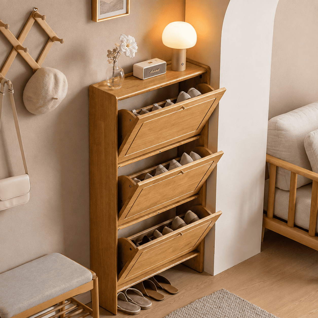 Tulsa Natural Solid Rubber Wood Shoe Cabinet
