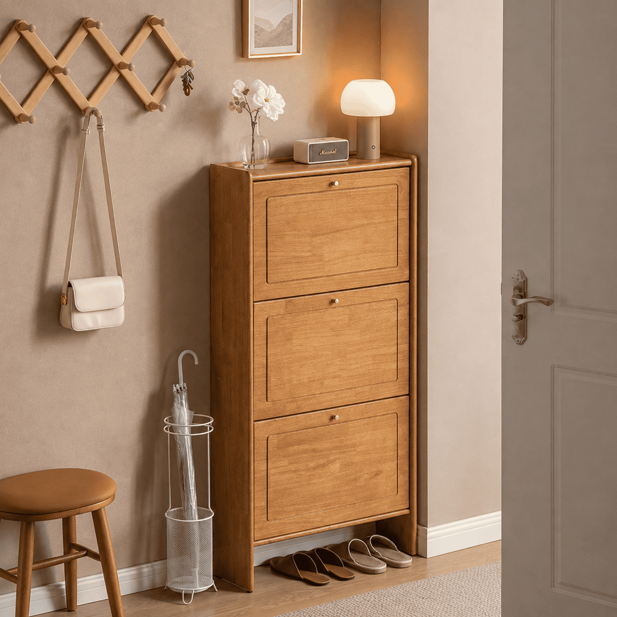 Tulsa Natural Solid Rubber Wood Shoe Cabinet