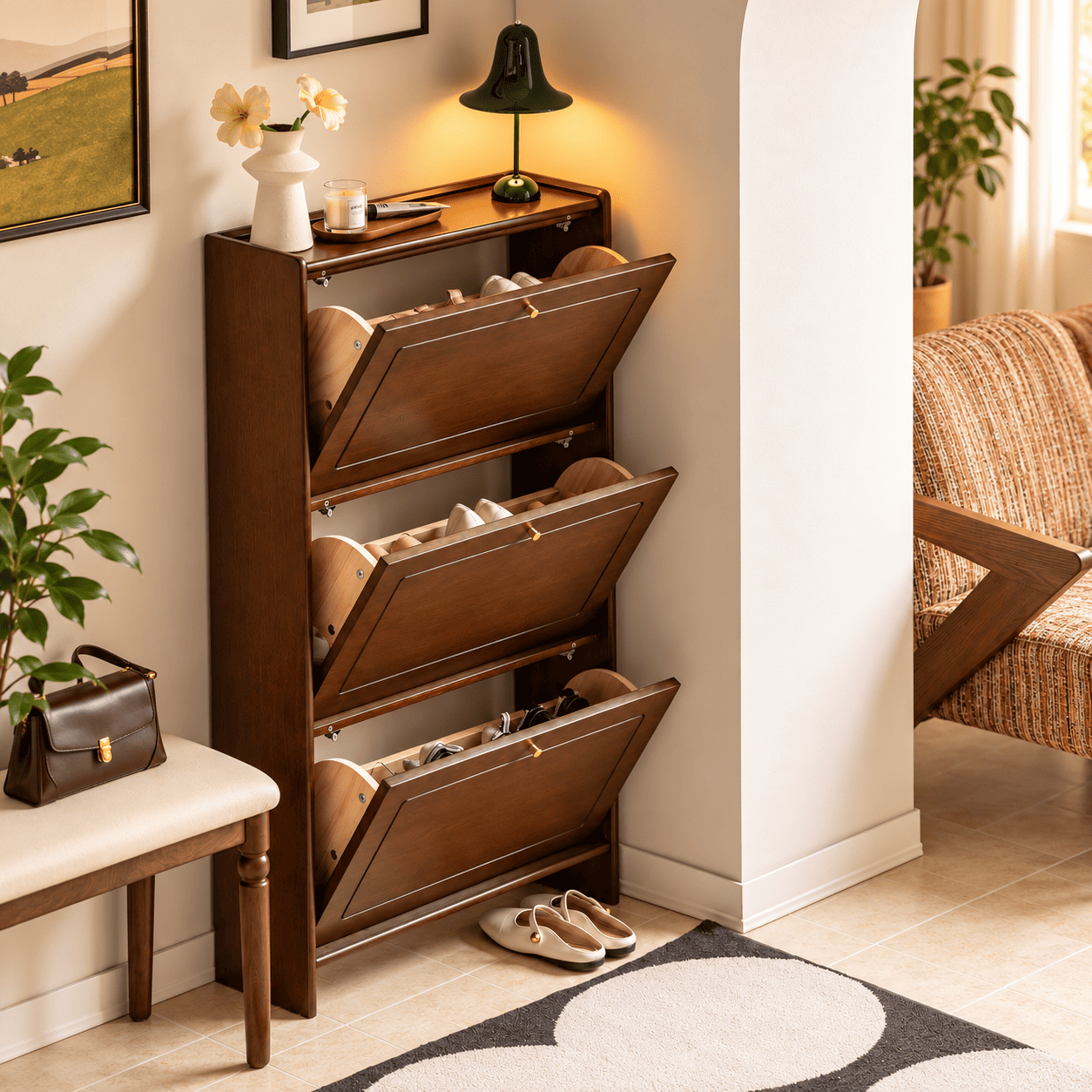 Tulsa Solid Rubber Wood Shoe Cabinet in Walnut Colour