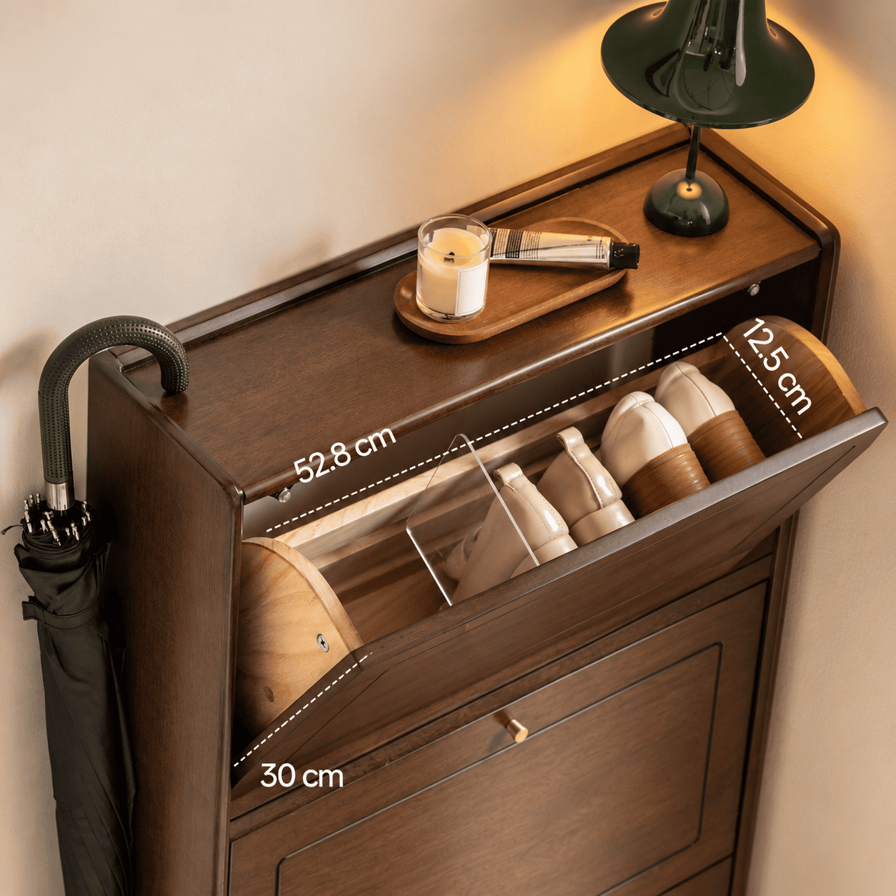 Tulsa Solid Rubber Wood Shoe Cabinet in Walnut Colour