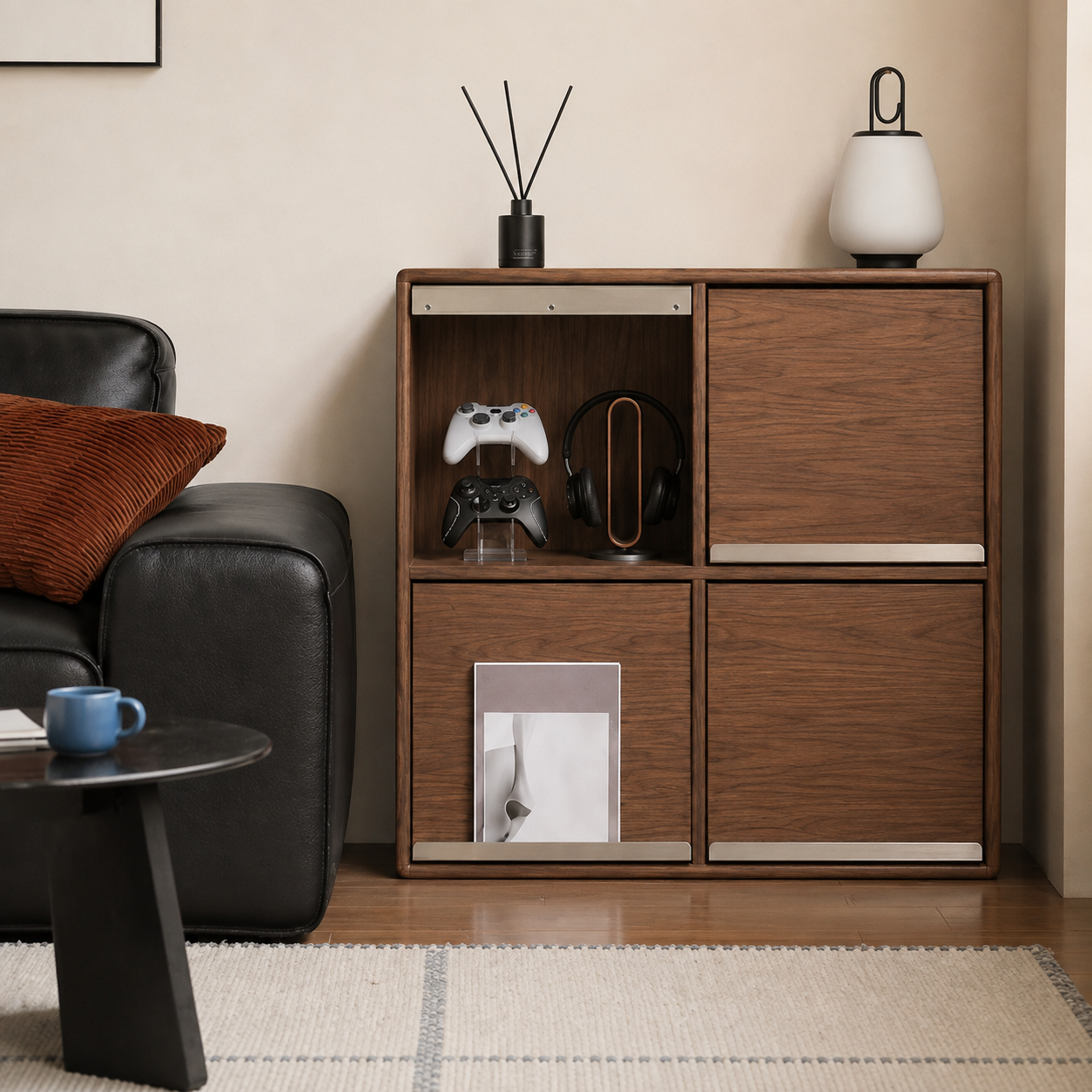 Walnut modular storage cabinet with open shelving and sliding wood panels in a modern living room.