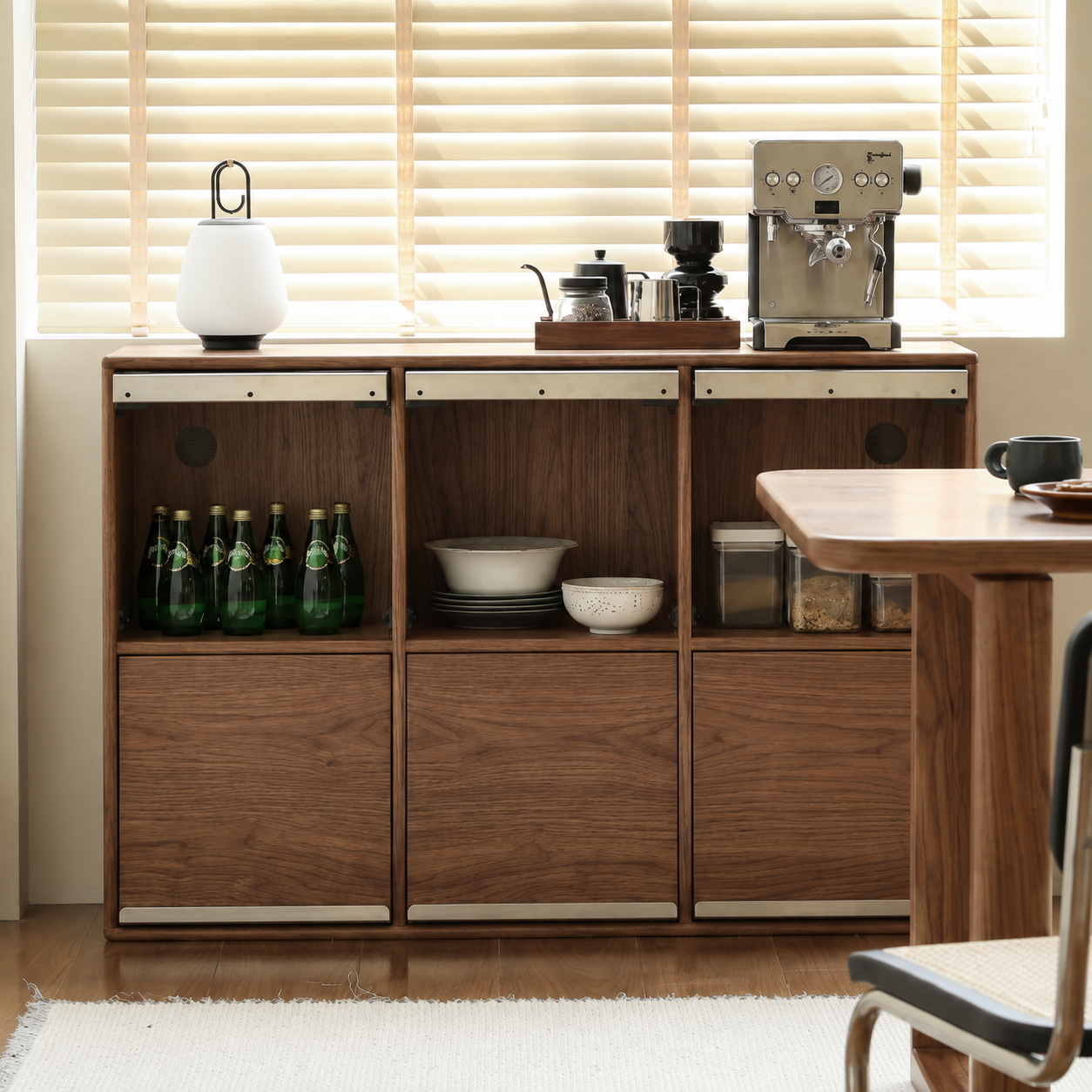 Wide walnut modular media cabinet with record storage and open shelving in a modern living room.