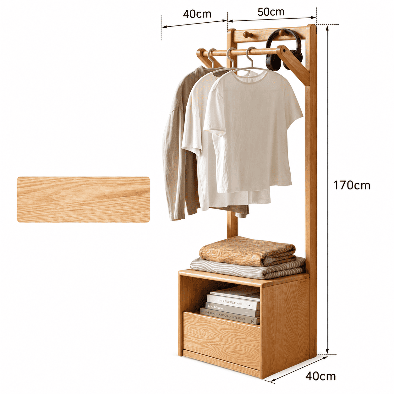 Close up of compact table lamp on natural solid oak storage cabinet with visible wood grain