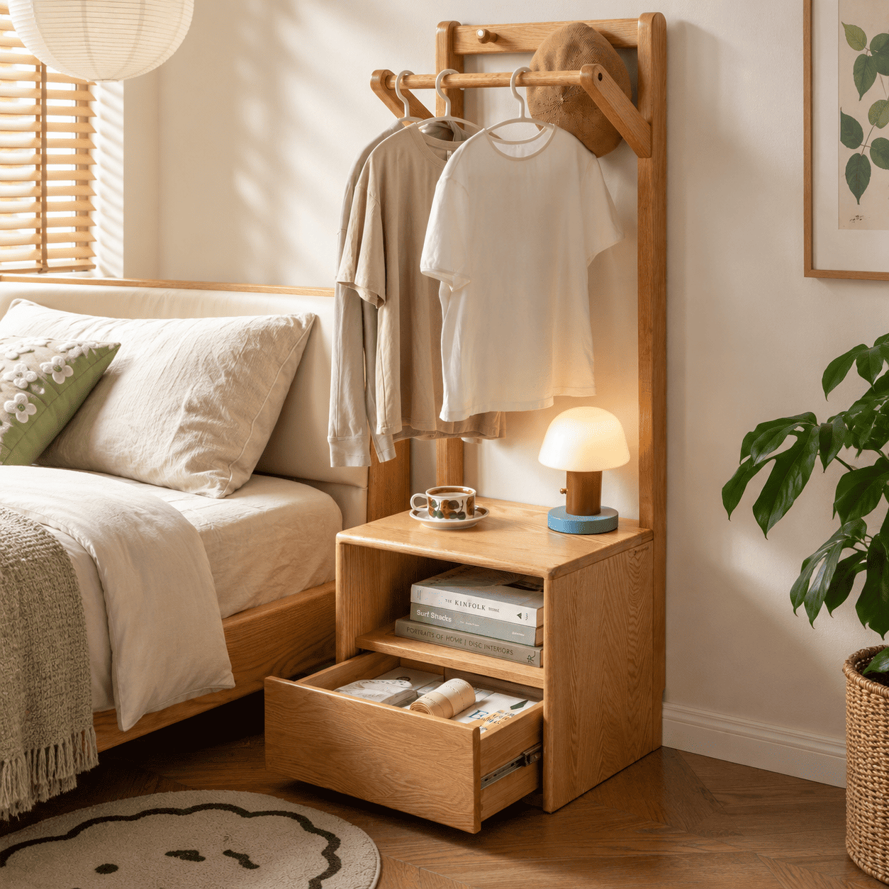 Natural solid oak coat rack with storage cabinet, hanging rail, drawer and warm bedroom decor