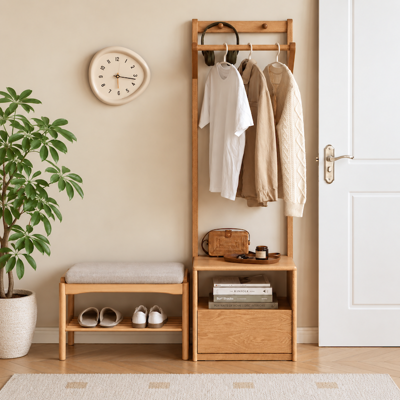 Warburg natural oak coat rack with clothes rail, storage drawer and bedside display in warm neutral room