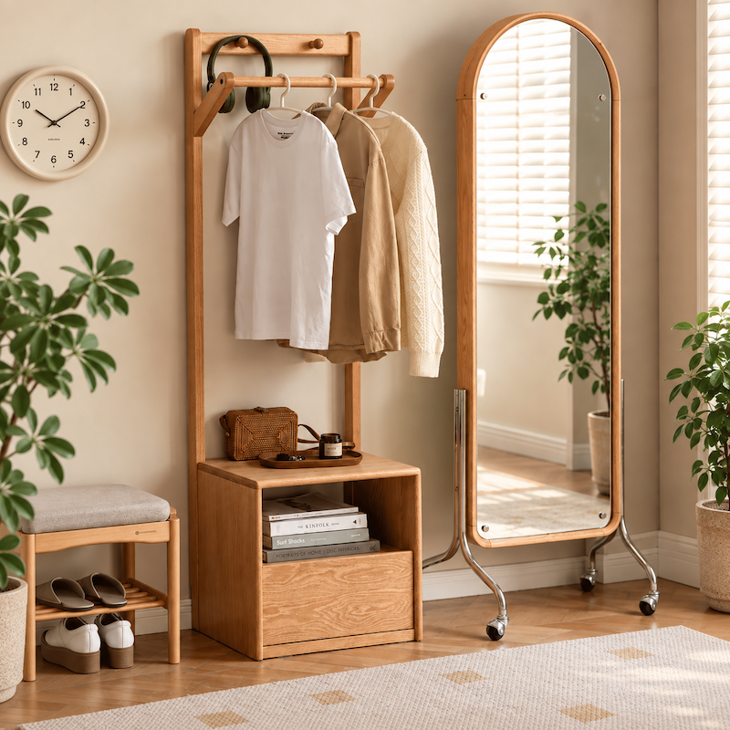 Warburg natural solid oak coat rack with drawer unit, hanging clothes and matching oak bedroom furniture