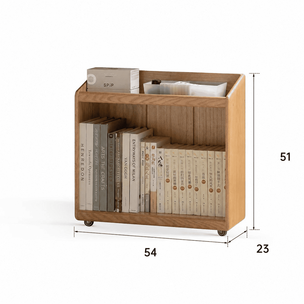 Light oak rolling bookshelf featuring open storage for books and household accessories.