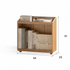 Light oak rolling bookshelf featuring open storage for books and household accessories.