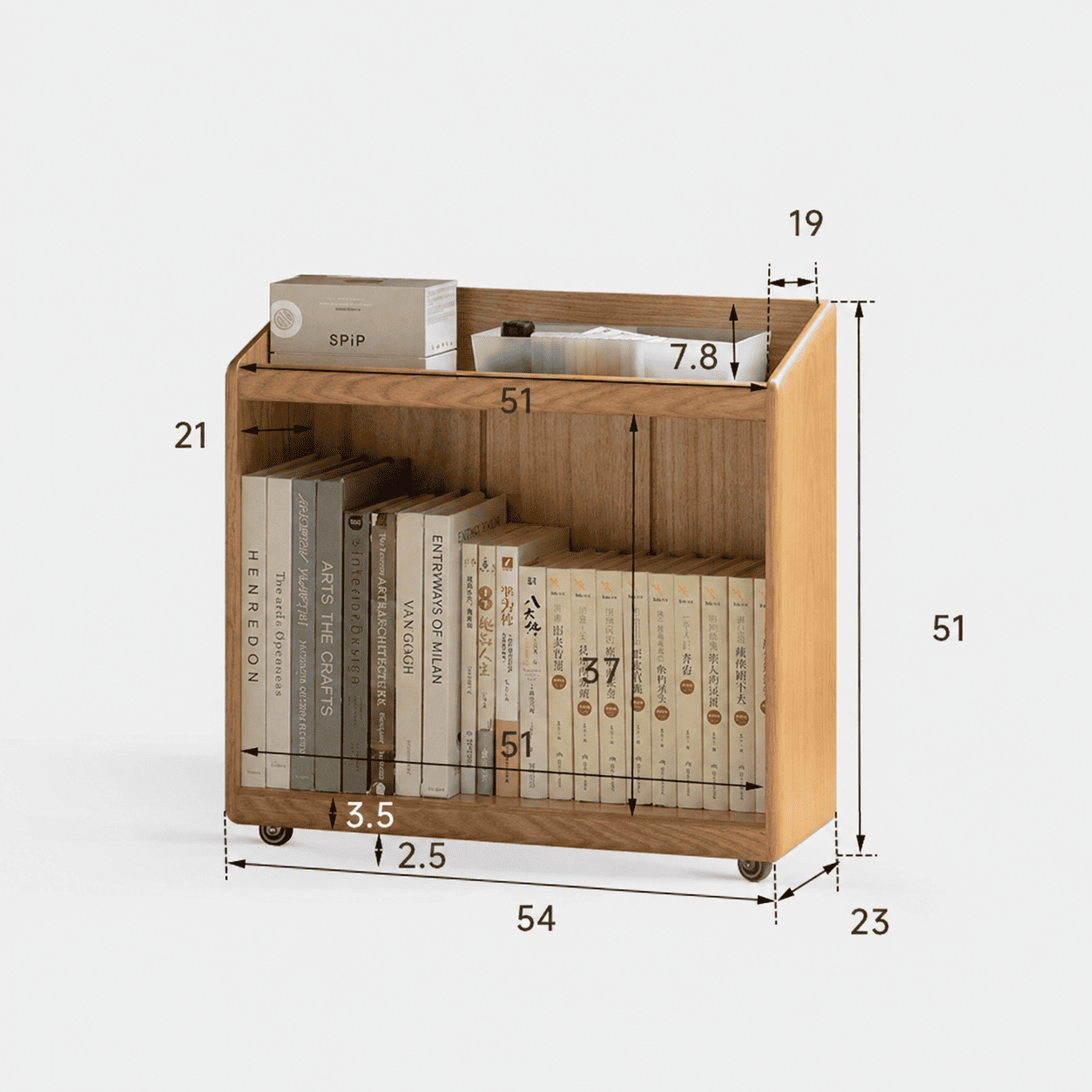 Modern rolling wooden organiser with open shelves for books, stationery, and living room storage.