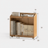 Modern rolling wooden organiser with open shelves for books, stationery, and living room storage.