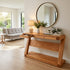 Solid oak entryway table with storage drawers for keys, accessories, and everyday essentials