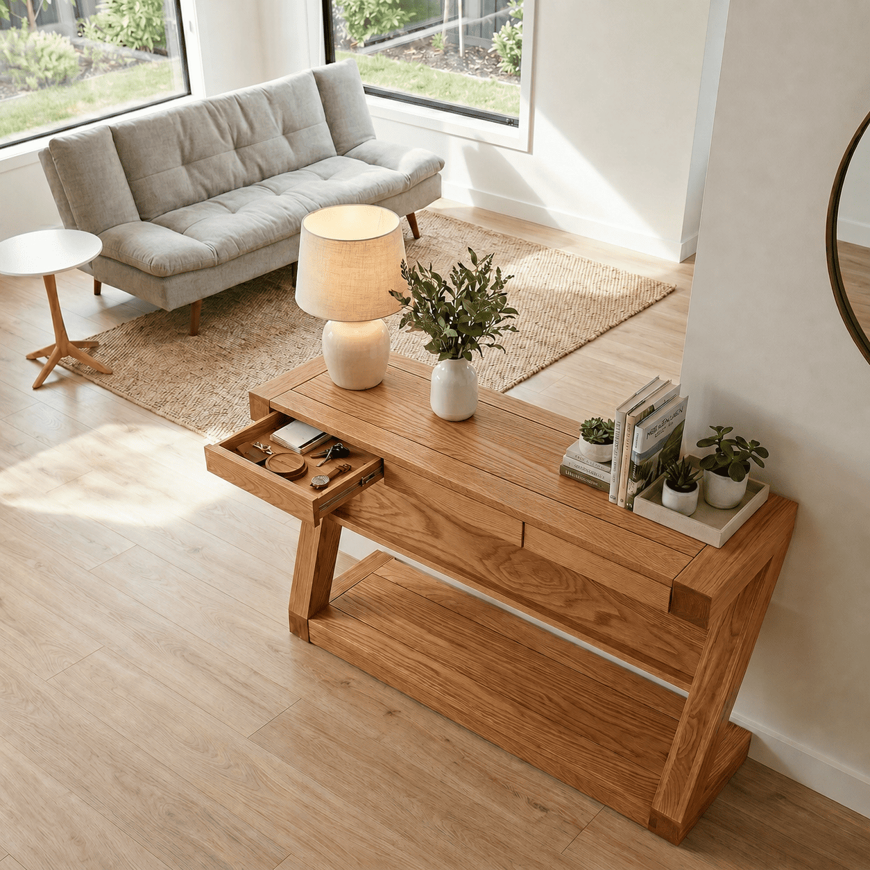 Zetland oak console table with clean lines, thick timber legs, and natural wood finish