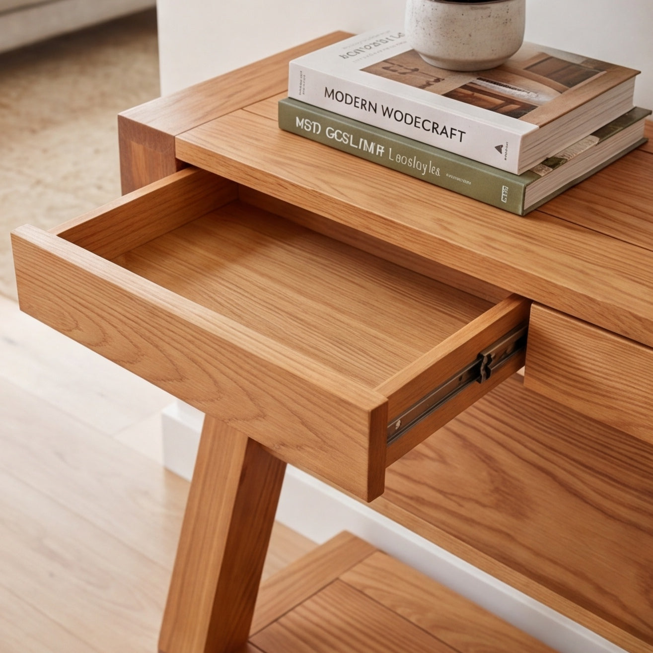 Zetland oak console table with mirror and décor for entryway, hallway, and living room styling