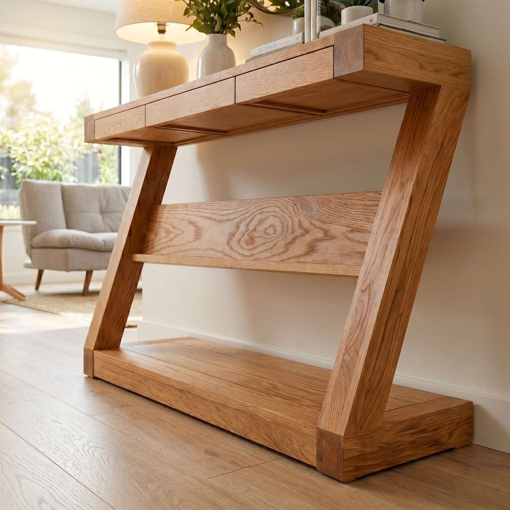 Natural solid oak console table with drawers, warm wood grain, and hallway storage design