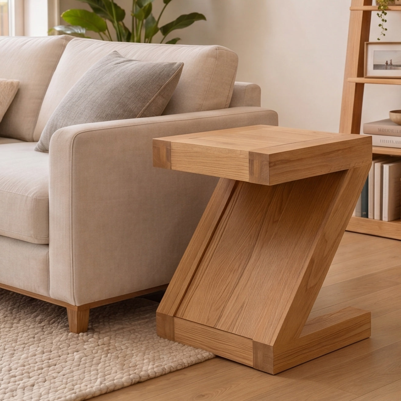Solid oak lamp table with statement timber base for living room, bedroom, or reading nook storage