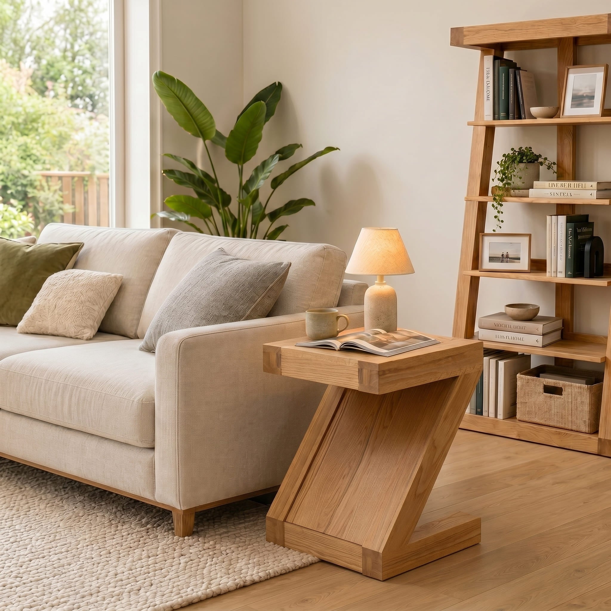 Compact solid oak lamp table with natural timber texture and modern side table design