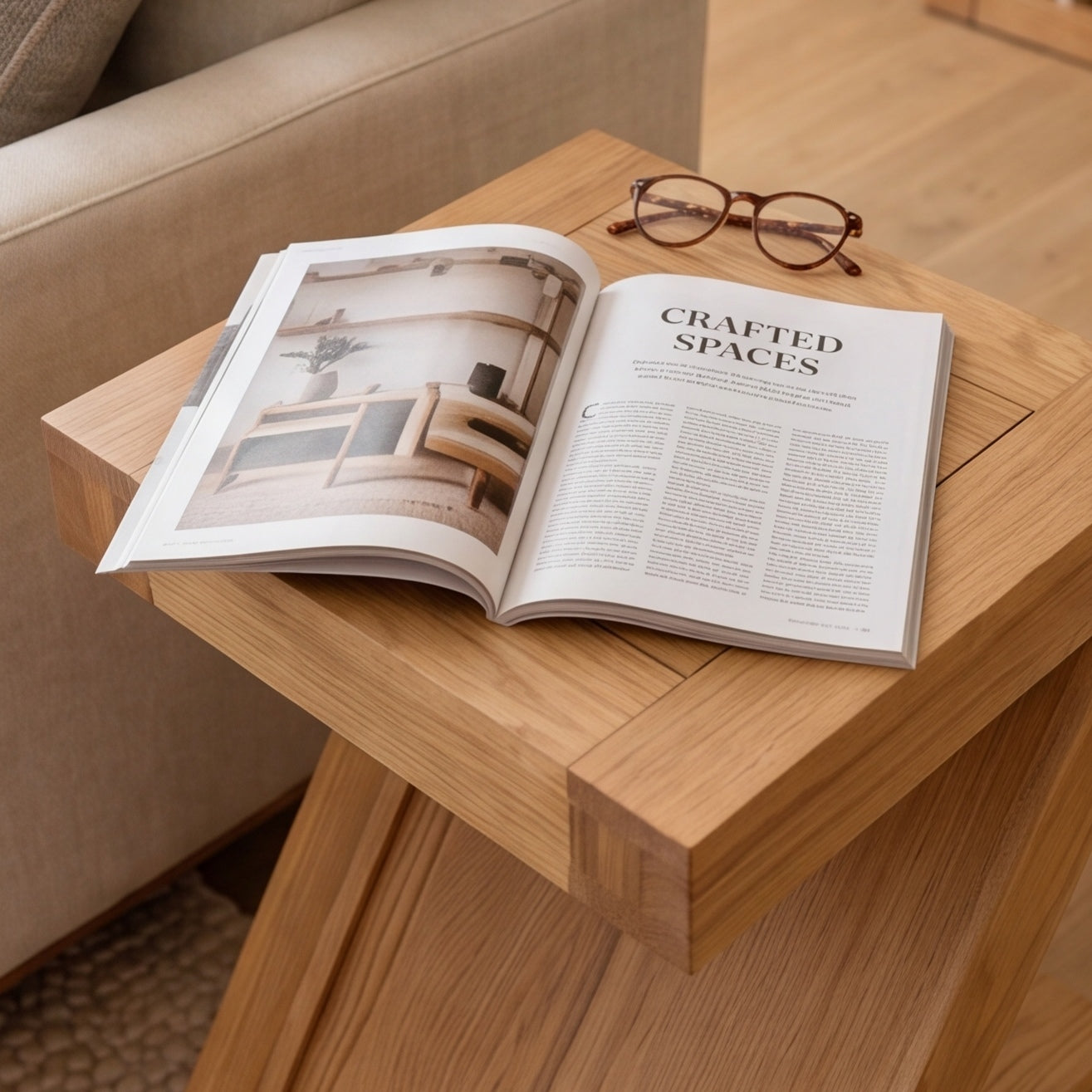 Natural solid oak side table for holding lamps, books, drinks, and everyday living room essentials