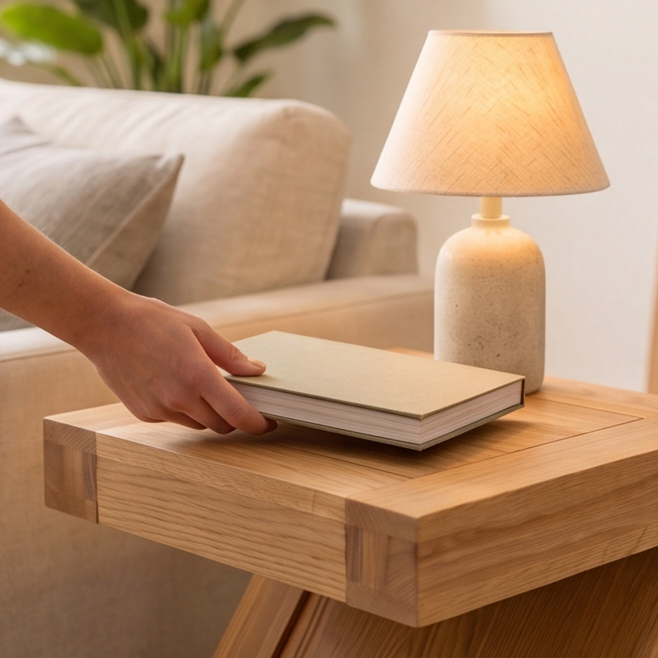Solid oak lamp table paired with beige sofa, indoor plants, and matching oak bookshelf