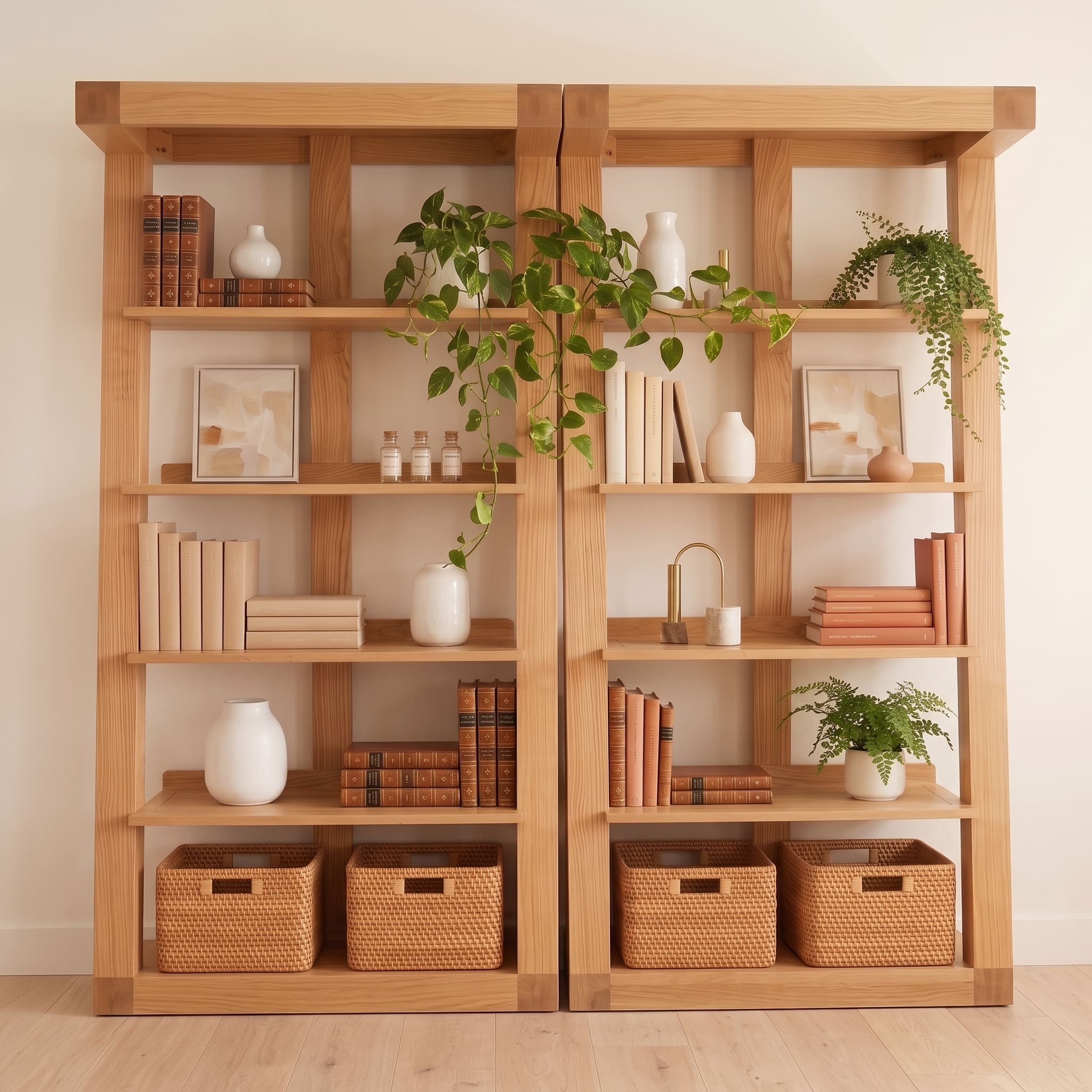 Warm solid oak bookshelf with natural grain finish for books, décor, and indoor plants