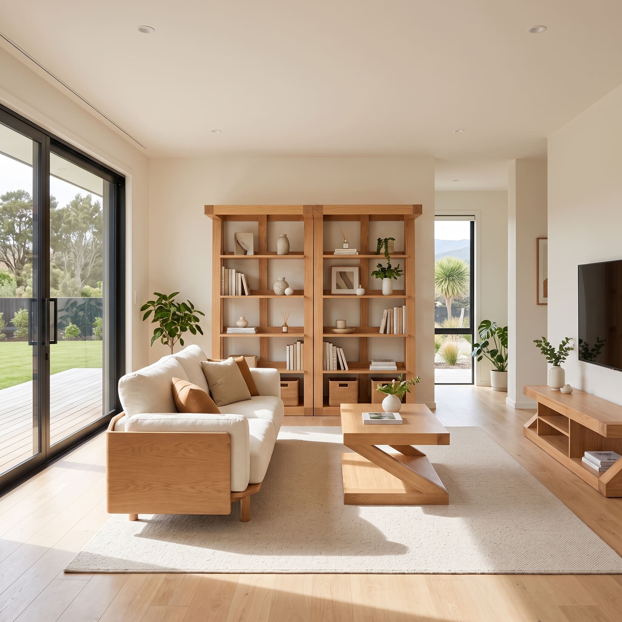 Solid oak large bookshelf with minimalist open shelf design and warm natural timber texture