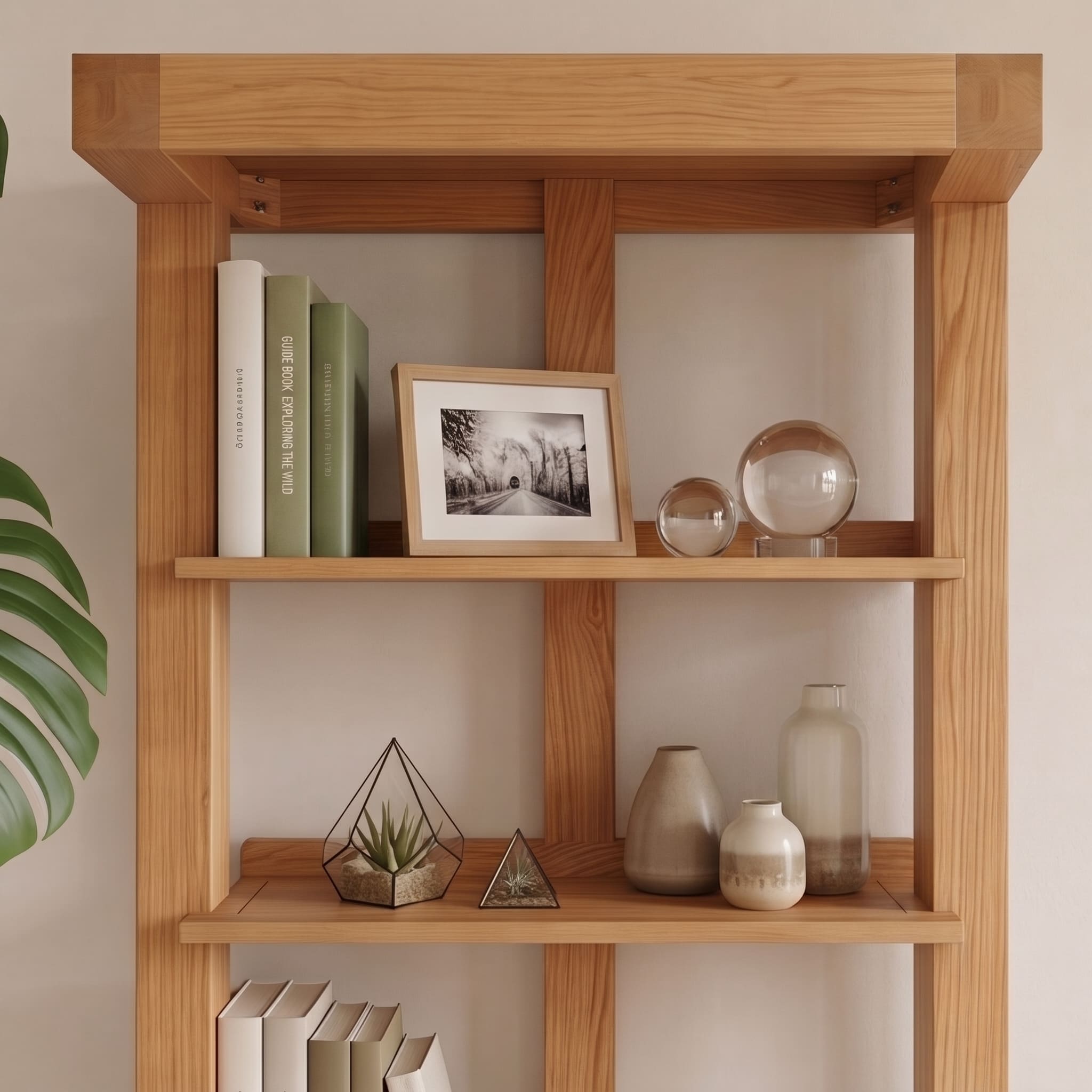 Zetland large oak bookcase styled with woven baskets for practical home storage