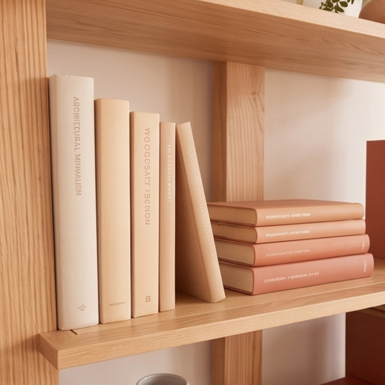 Warm solid oak bookshelf with natural grain finish for books, décor, and indoor plants