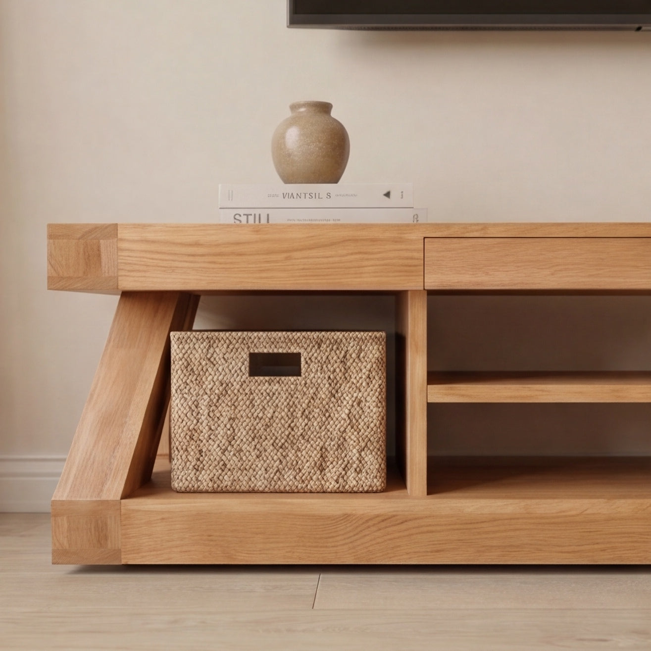 Zetland Natural Solid Oak Large Entertainment Unit styled under a wall-mounted TV in a modern living room