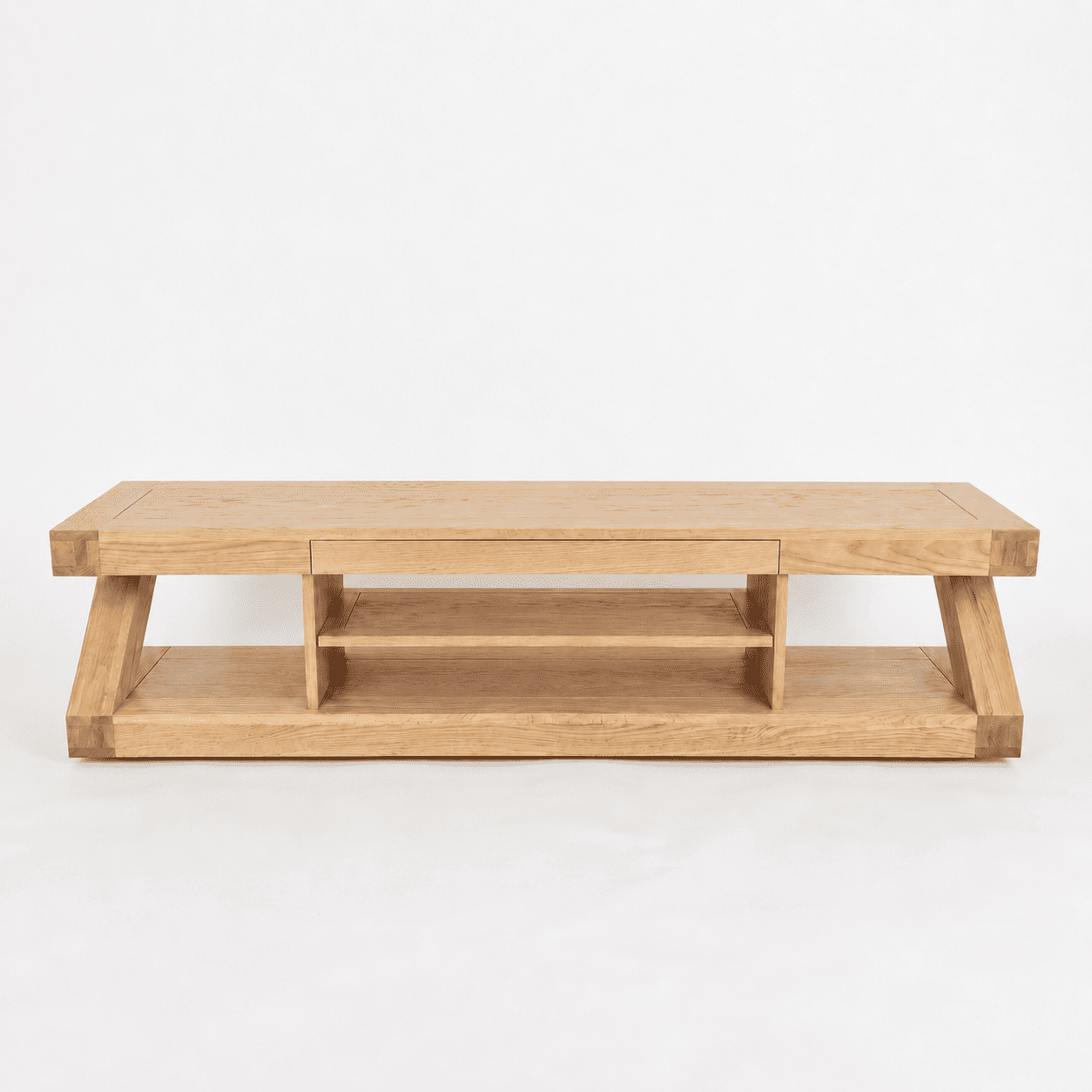 Large oak TV stand with open shelf storage for media players, books, and living room décor
