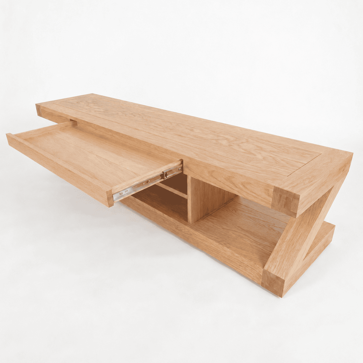 Natural solid oak media console with warm timber texture and minimalist living room styling