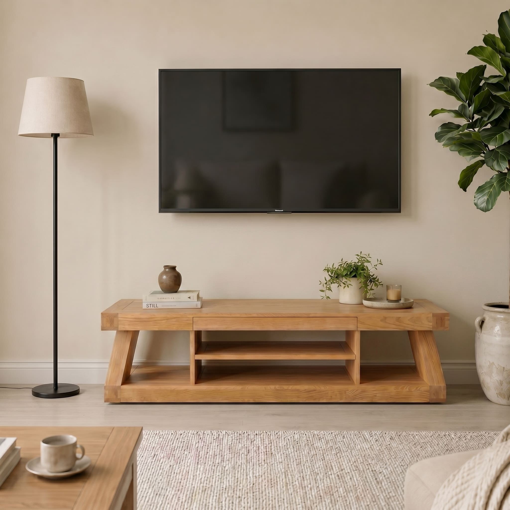 Solid oak entertainment unit paired with wall-mounted television, floor lamp, and indoor plants