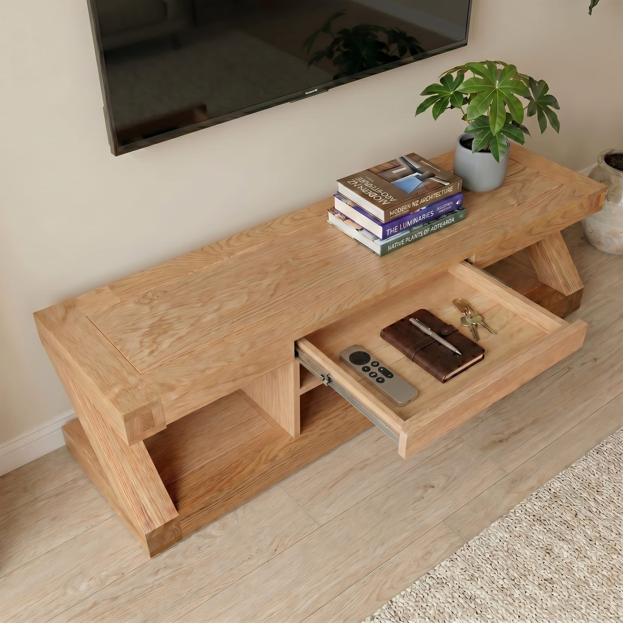 Natural solid oak TV unit for lounge room, family room, and everyday media organisation