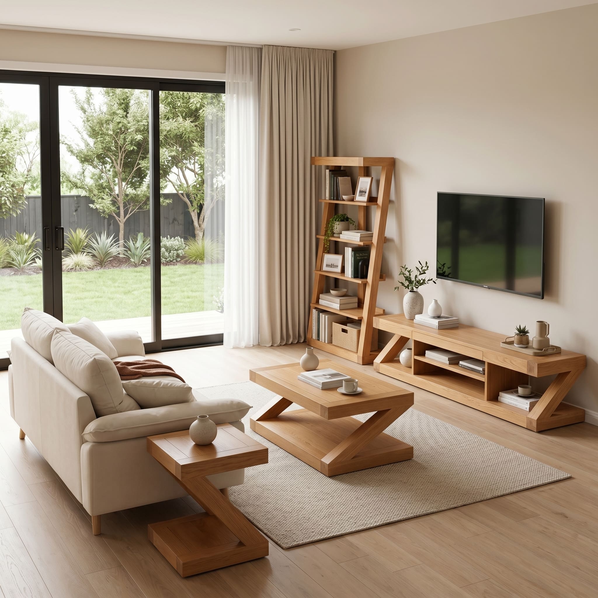 Zetland solid oak entertainment unit with clean lines, natural grain, and spacious low-profile design