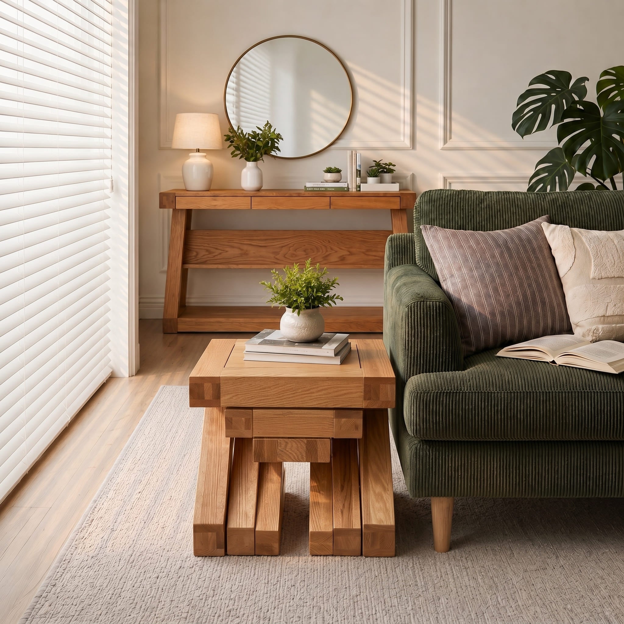 Space-saving solid oak nesting side tables with natural oak grain and sturdy timber construction