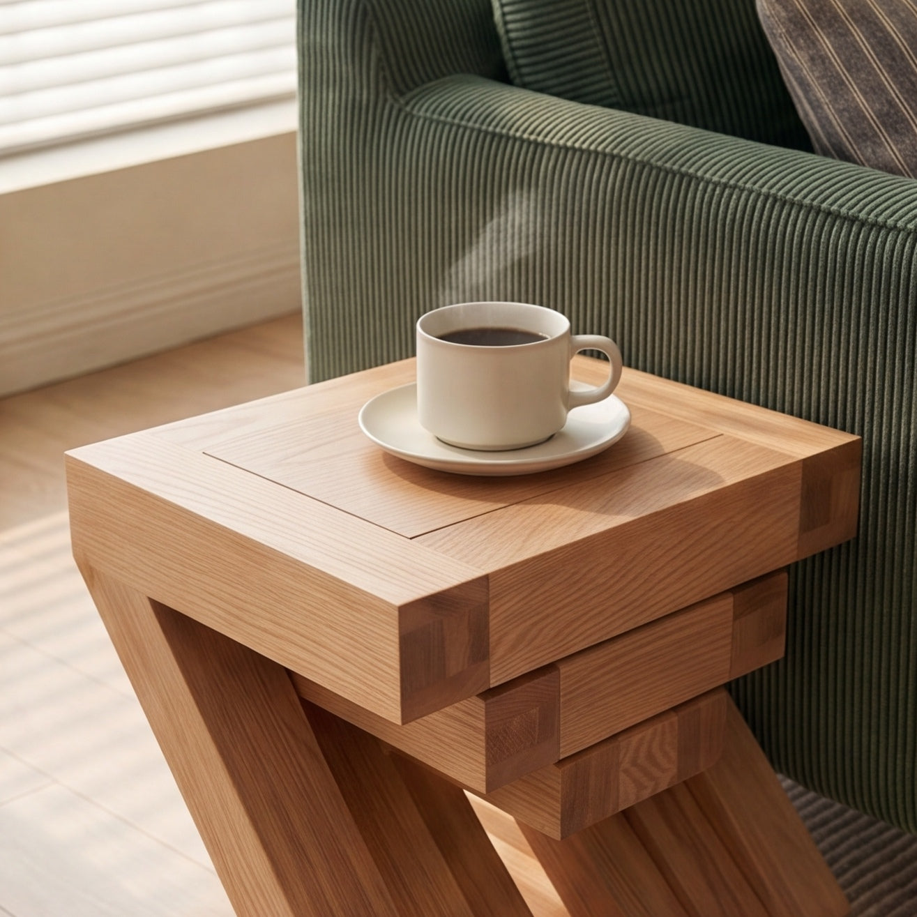 Solid oak nest of tables with thick timber legs and layered square tabletop design