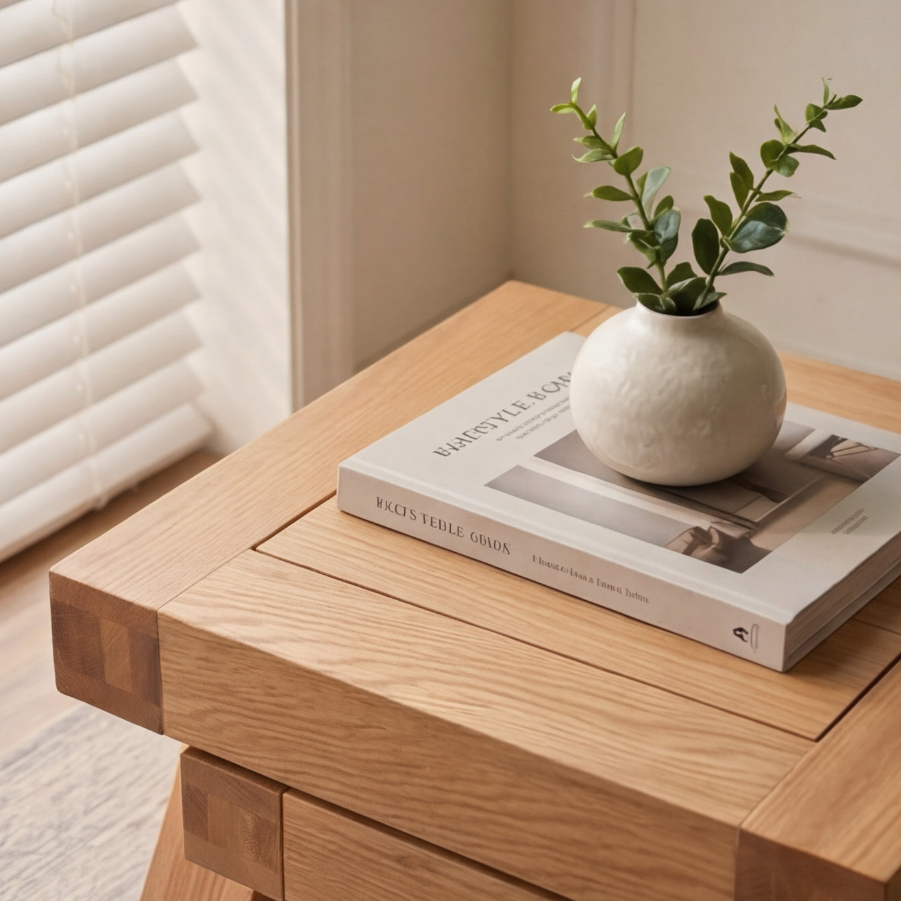 Natural solid oak side tables paired with sofa for modern lounge room styling