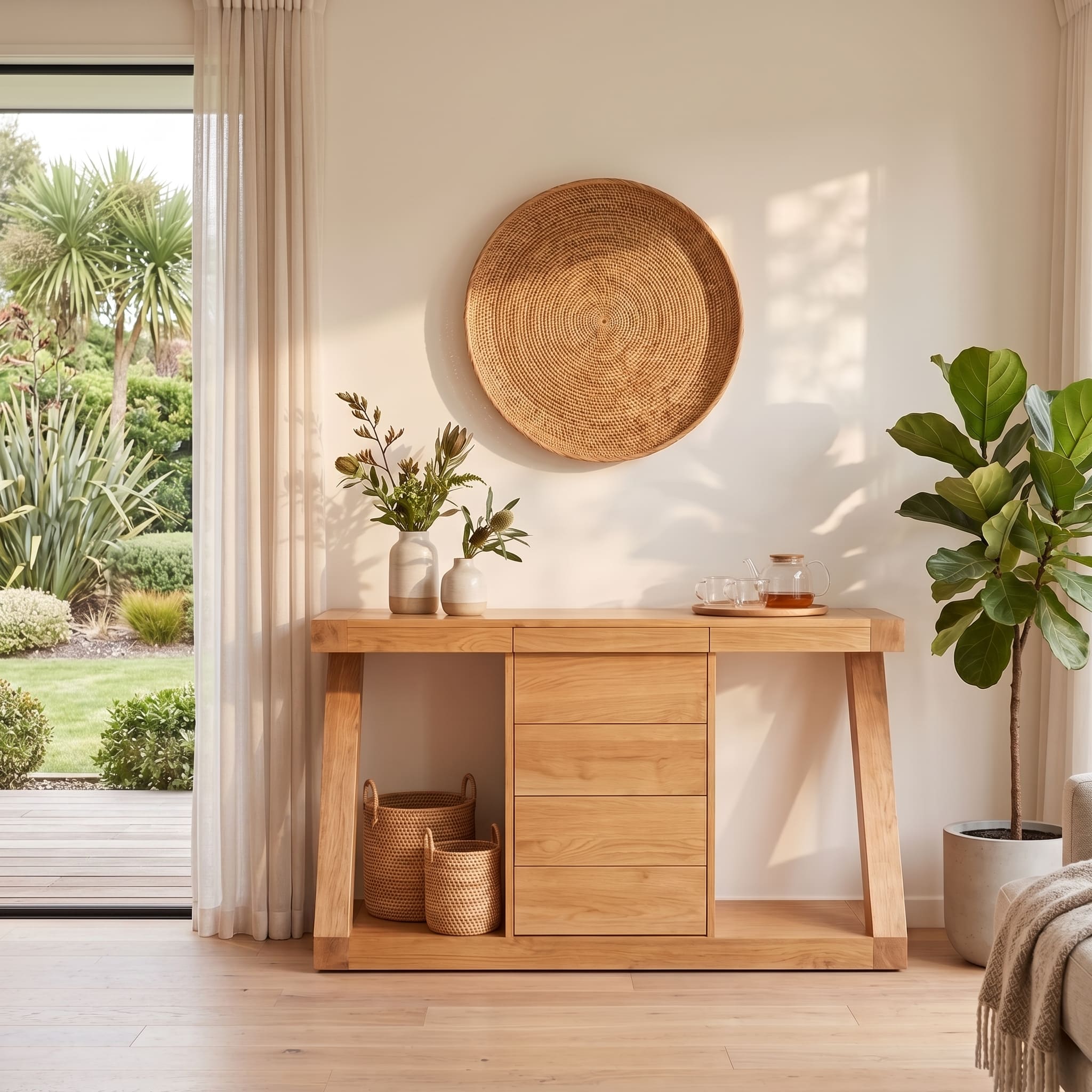 Solid oak buffet sideboard styled in a bright modern dining room with warm natural texture